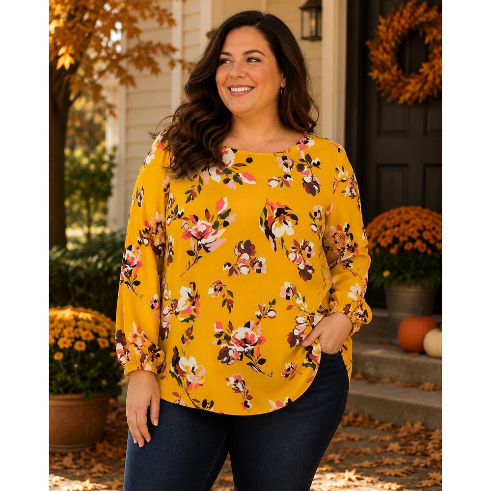 Talbots Plus Mustard Yellow Floral Long Sleeve Blouse Top 1X VN5457